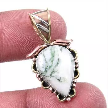Natural Green Dendrite Opal Gemstone 925 Solid Silver TwoTone Pendant 1.25 A8g83