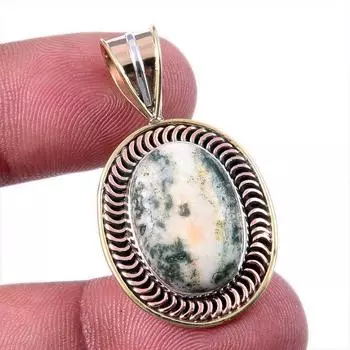 Natural Green Dendrite Opal Gemstone 925 Solid Silver TwoTone Pendant 1.50 i9k21