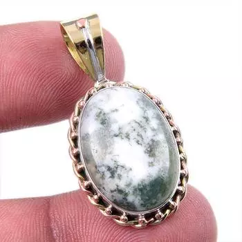 Natural Green Dendrite Opal Gemstone 925 Solid Silver TwoTone Pendant 1.25 L4Z06
