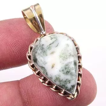 Natural Green Dendrite Opal Gemstone 925 Solid Silver TwoTone Pendant 1.50 d3V98