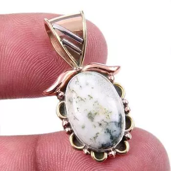 Natural Green Dendrite Opal Gemstone 925 Solid Silver TwoTone Pendant 1.25 V9K71