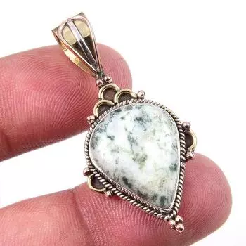 Natural Green Dendrite Opal Gemstone 925 Solid Silver TwoTone Pendant 1.75 q3L28