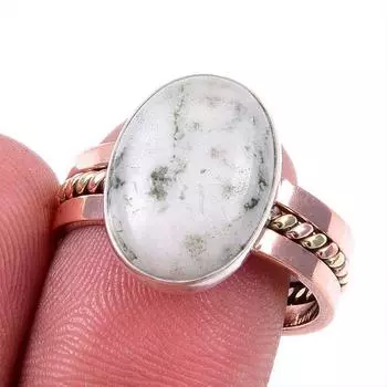 Natural Green Dendrite Opal Gemstone 925 Solid Silver Two Tone Ring S.9US F6F74