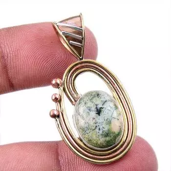 Natural Green Dendrite Opal Gemstone 925 Solid Silver TwoTone Pendant 1.50 T5J49