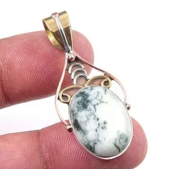 Natural Green Dendrite Opal Gemstone 925 Solid Silver TwoTone Pendant 1.75 h9d79
