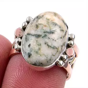 Natural Green Dendrite Opal Gemstone 925 Solid Silver Two Tone Ring S.7US V0H10