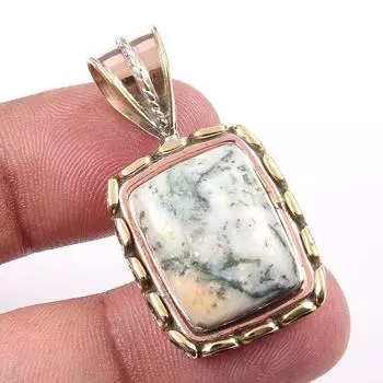 Natural Green Dendrite Opal Gemstone 925 Solid Silver TwoTone Pendant 1.50 I5w63