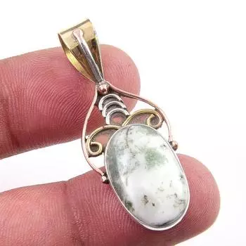 Natural Green Dendrite Opal Gemstone 925 Solid Silver TwoTone Pendant 1.75 M4q08