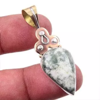 Natural Green Dendrite Opal Gemstone 925 Solid Silver TwoTone Pendant 1.75 F5y68