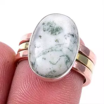 Natural Green Dendrite Opal Gemstone 925 Solid Silver Two Tone Ring S.6US A0y75