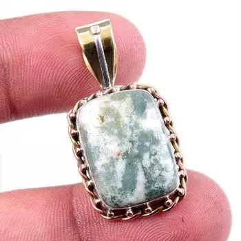 Natural Green Dendrite Opal Gemstone 925 Solid Silver TwoTone Pendant 1.25 Q3E51