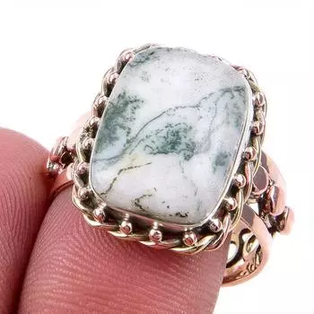 Natural Green Dendrite Opal Gemstone 925 Solid Silver Two Tone Ring S.9.5US b1R70