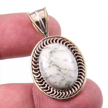 Natural Green Dendrite Opal Gemstone 925 Solid Silver TwoTone Pendant 1.50 j1b92