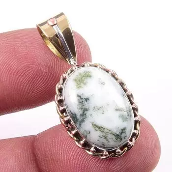 Natural Green Dendrite Opal Gemstone 925 Solid Silver TwoTone Pendant 1.25 W2C80
