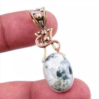 Natural Green Dendrite Opal Gemstone 925 Solid Silver TwoTone Pendant 1.75 j5S71