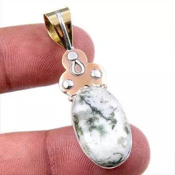 Natural Green Dendrite Opal Gemstone 925 Solid Silver TwoTone Pendant 1.75 U1d27