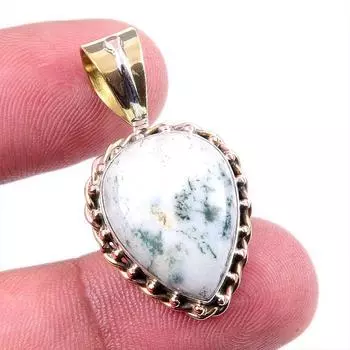 Natural Green Dendrite Opal Gemstone 925 Solid Silver TwoTone Pendant 1.25 M6a19
