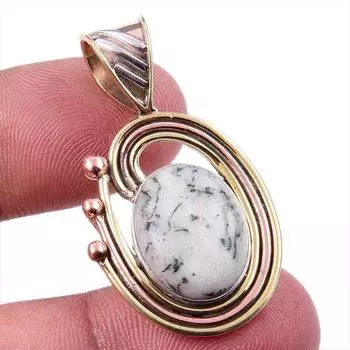 Natural Green Dendrite Opal Gemstone 925 Solid Silver TwoTone Pendant 1.50 O4E48