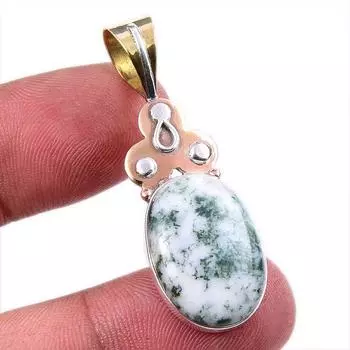 Natural Green Dendrite Opal Gemstone 925 Solid Silver TwoTone Pendant 1.75 V1K57
