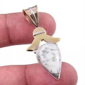 Natural Green Dendrite Opal Gemstone 925 Solid Silver TwoTone Pendant 1.75 c4q92