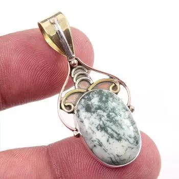 Natural Green Dendrite Opal Gemstone 925 Solid Silver TwoTone Pendant 1.50 k9t98