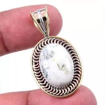 Natural Green Dendrite Opal Gemstone 925 Solid Silver TwoTone Pendant 1.50 m3O83