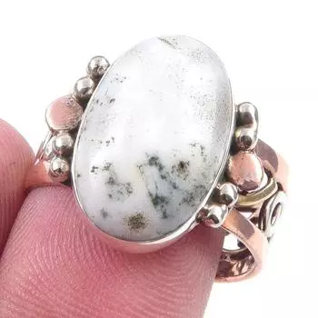 Natural Green Dendrite Opal Gemstone 925 Sterling Silver Two Tone Ring S.8 N0a73