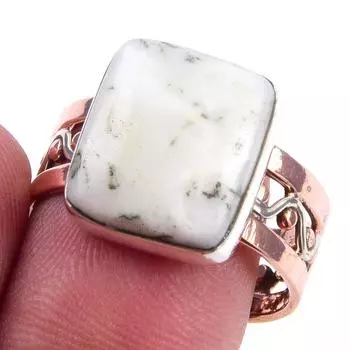 Natural Green Dendrite Opal Gemstone 925 Sterling Silver Two Tone Ring S.9 L4k21