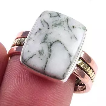 Natural Green Dendrite Opal Gemstone 925 Sterling Silver Two Tone Ring S.9 H2z12