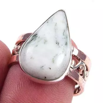 Natural Green Dendrite Opal Gemstone 925 Sterling Silver TwoTone Ring S.7.5 I3J20