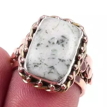 Natural Green Dendrite Opal Gemstone 925 Sterling Silver Two Tone Ring S.6 R0V98