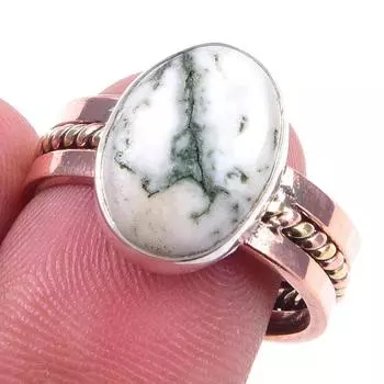 Natural Green Dendrite Opal Gemstone 925 Sterling Silver TwoTone Ring S.8.5 s9F10
