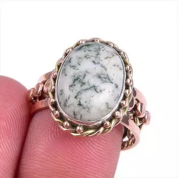 Natural Green Dendrite Opal Gemstone Two Tone 925 Sterling Silver Ring S.8 M8m76