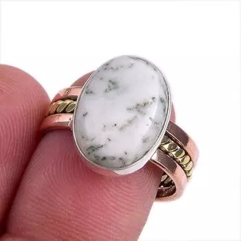 Natural Green Dendrite Opal Gemstone Two Tone 925 Sterling Silver Ring S.8 k7g36