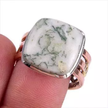Natural Green Dendrite Opal Gemstone Two Tone 925 Sterling Silver Ring S.9 c2c52