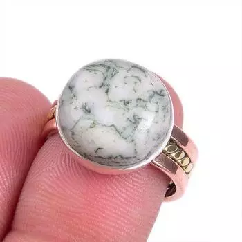 Natural Green Dendrite Opal Gemstone Two Tone 925 Sterling Silver Ring S.7 k9f97