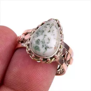 Natural Green Dendrite Opal Gemstone TwoTone 925 Sterling Silver Ring S.8.5 a2n79