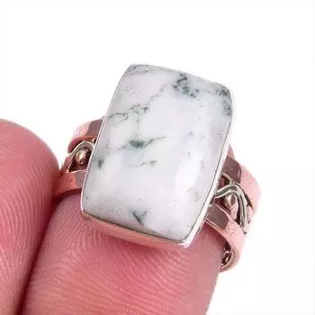 Natural Green Dendrite Opal Gemstone TwoTone 925 Sterling Silver Ring S.6.5 O9G97