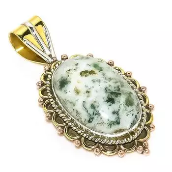 Natural Green Dendrite Opal TwoTone 925 Solid Sterling Silver Pendant 1.75 c4j20