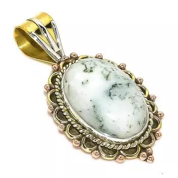 Natural Green Dendrite Opal TwoTone 925 Solid Sterling Silver Pendant 1.50 E7W20