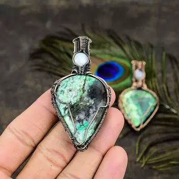 Natural Green Dendritic, Moonstone Gemstone Copper Wire Wrap Pendant 2.96 Z9e19