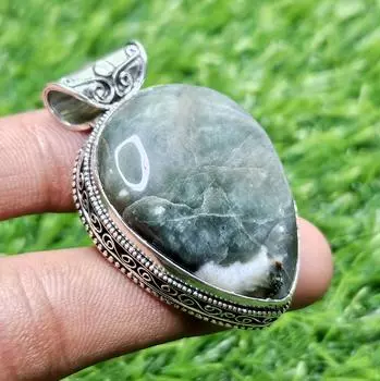 Natural Green Moonstone Pendant 925 Sterling Silver Pendant Pear shape Silver Pendant Gift for her зелёный