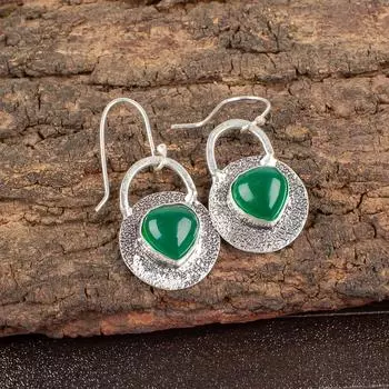 Natural Green Onyx Cab Gemstone 925 Sterling Silver Handcrafted Earrings 1.30 EE-63-21