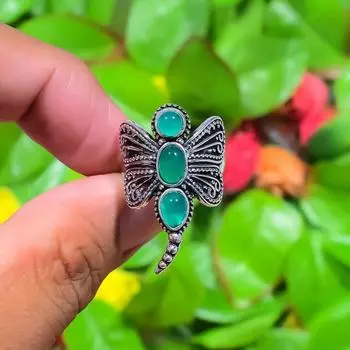 Natural Green Onyx Gemstone Handmade 925 Sterling Silver Ring Size 10.5 c6n28