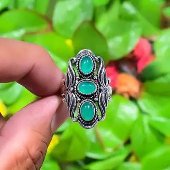 Natural Green Onyx Gemstone Handmade 925 Sterling Silver Ring Size 10.5 k3A50