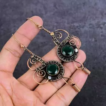 Серьги из натурального зеленого оникса, ручной работы, медная проволока, обертка, 3,74 дюйма Q9B96