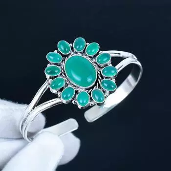 Natural Green Onyx Gemstone Handmade Cuff Bangle 925 Sterling Silver Cuff Bangle, Green Onyx Flower Shape Bracelet For Wife, Unisex Bangle, Gift 7 зелёный