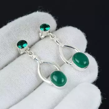 Natural Green Onyx, Green Apatite Gemstone Earrings, 925 Sterling Silver Earring, Handmade Boho Silver Jewelry Dangle Earrings, Party Wear Gifts 1.96 зелёный