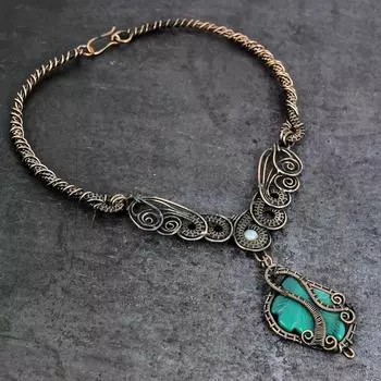 Ожерелье из натурального зеленого оникса, лунного камня, медная проволока, 18 дюймов P2F22