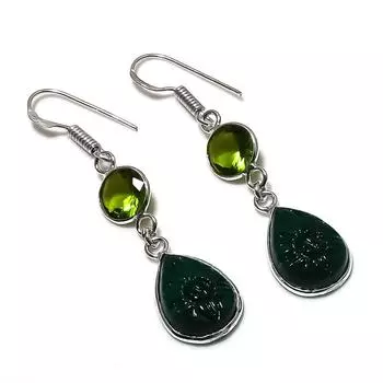 Natural Green Onyx, Peridot 925 Sterling Silver Jewelry Earring 2.05 I7f18